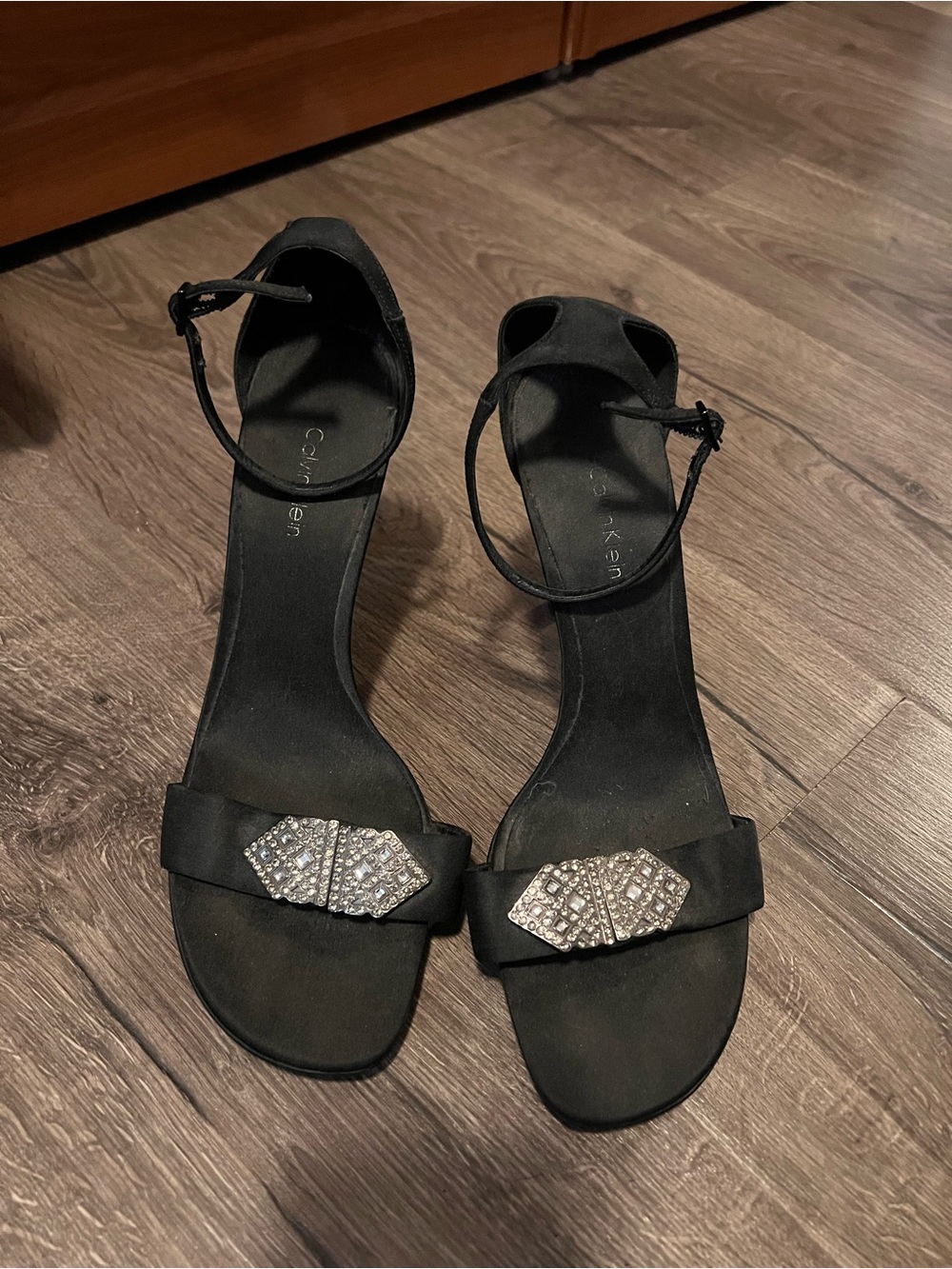 Calvin Klein Black Ankle-Strap Heels with Crystal Accent